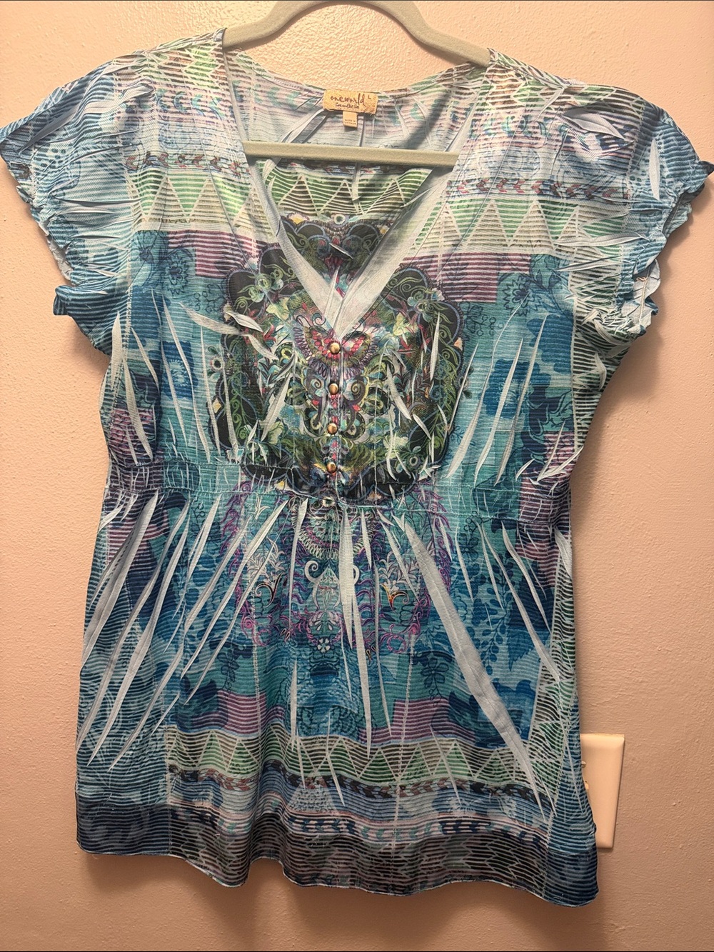ONE WORLD Blue Teal Multicolor V-Neck Embellished Top